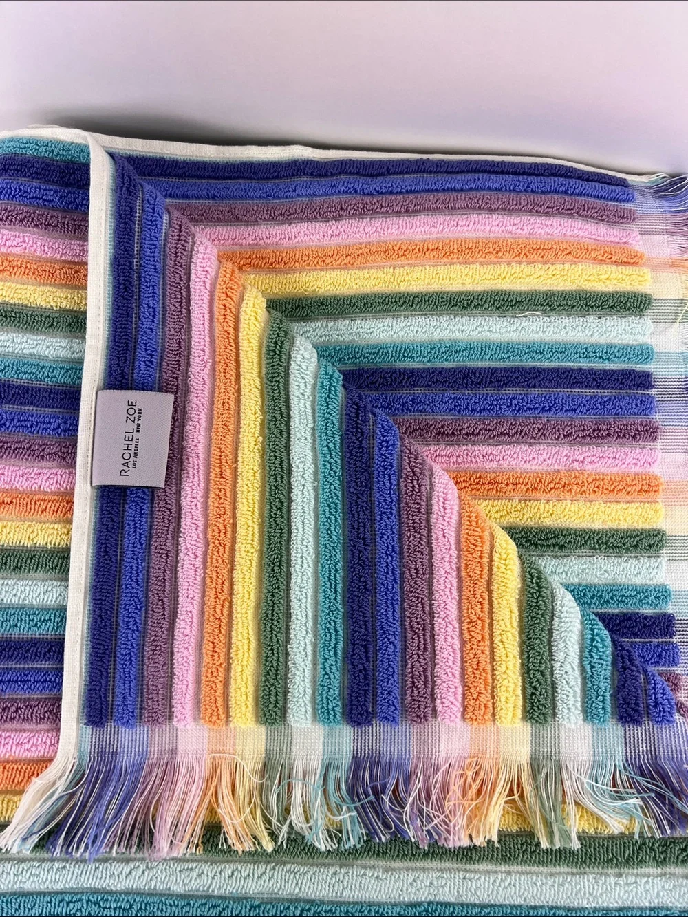 Rachel Zoe Bath Towels Rainbow Pastel Striped with Fringe Cotton 8 Pc Set NEW